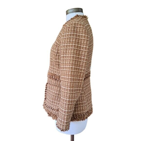 BROOKS BROTHERS Boucle Tweed Fringe Jacket Collarless Blazer Sz 4 Brown Tan Fall - Picture 2 of 10